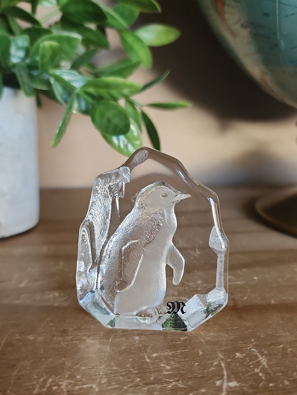 Mats Jonasson Clear Glass Penguin Paperweight - Crystal Accent